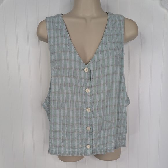 VINTAGE 100% Cotton Plaid Sleeveless Button-Front V-Neck Top Sz M - Picture 2 of 10